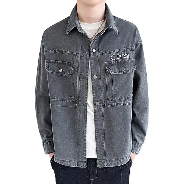 太子龍 美式复古纯色翻领工装春秋季潮牌韩版宽松衣服牛仔外套 男款