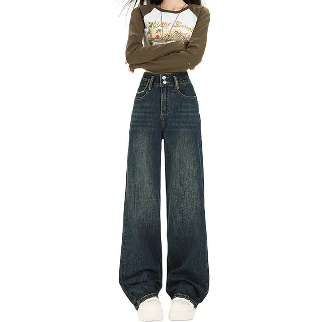 如续 秋冬超柔弹力直筒高腰修身舒适宽松显瘦提臀百搭阔腿牛仔裤 女款