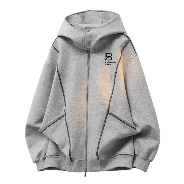 半空山 美式复古高街纯色重磅高克重挺括解构明线拼接潮流卫衣夹克 男女同款