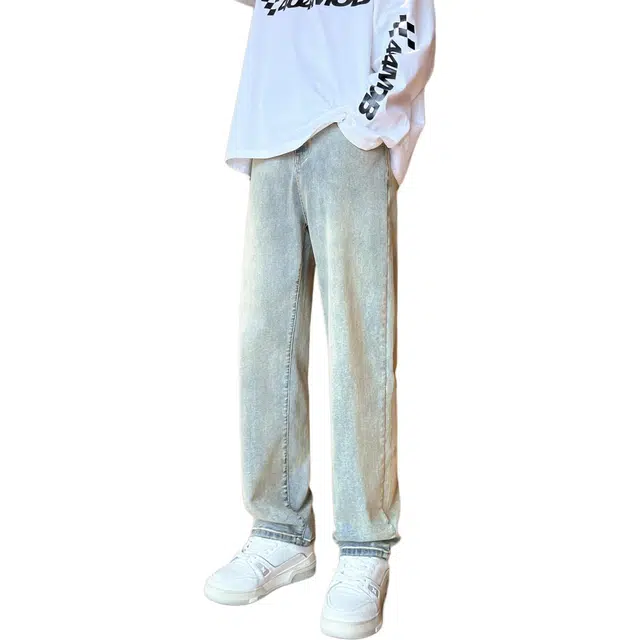 瑞梵帝斯 美式复古高街水洗废土风做旧宽松微喇百搭舒适显高显瘦拉链设计垂感直筒休闲裤男生牛仔裤 男款