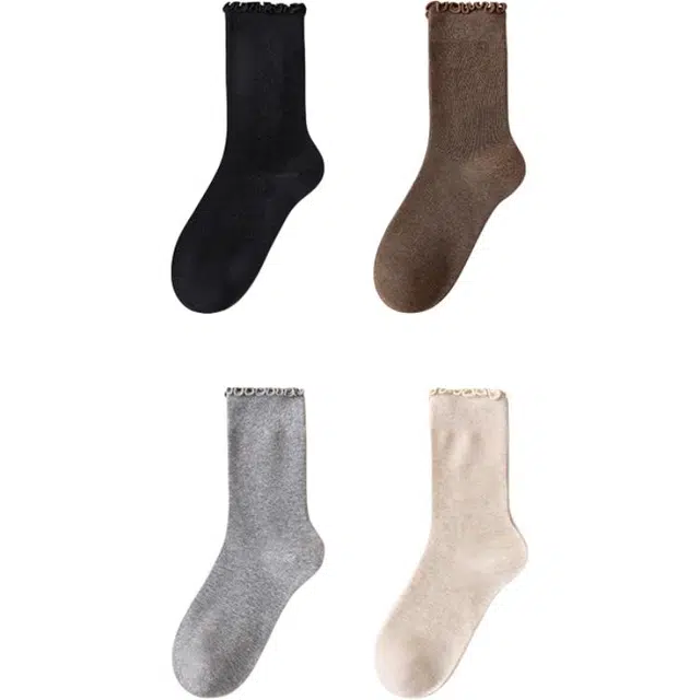 潞优野 抗起球舒适纯棉纱线无骨木耳边堆堆袜搭小皮鞋春秋款中筒袜 女款