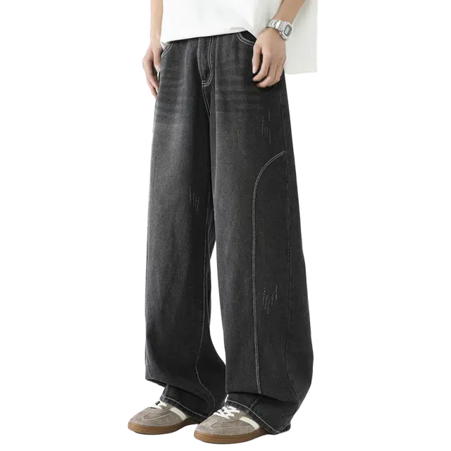 一碗士多 美式复古小众百搭经典高街舒适宽松阔腿直筒垂感拖地抓痕设计个性时尚简约纯色做旧废土风显高显瘦牛仔裤 男女同款