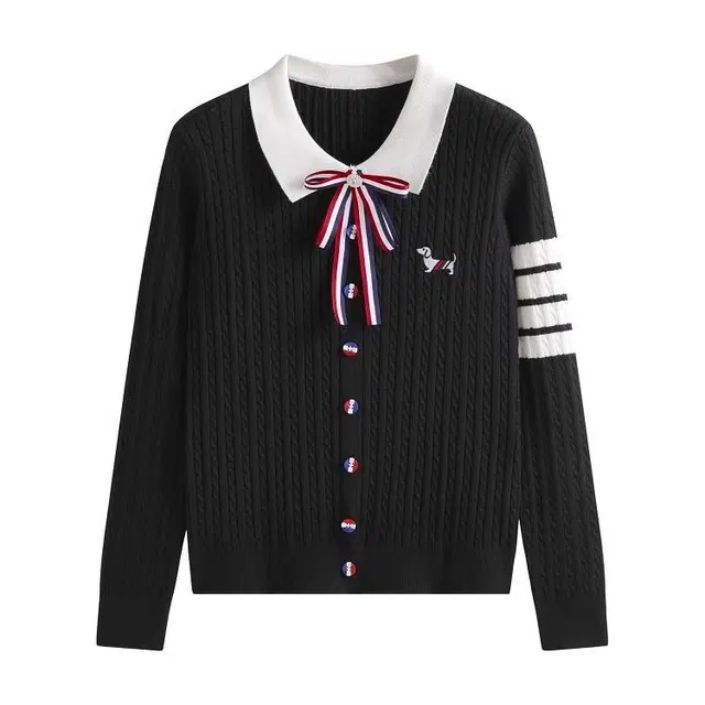 花蔓色 学院风小狗刺绣撞色翻领条纹长袖可拆卸蝴蝶结减龄设计感针织衫 女款