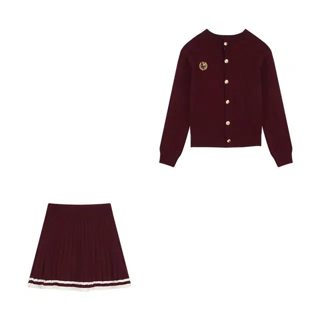 木清清 甜美学院风长袖针织开衫入秋穿搭搭配百褶时尚半身裙两件套裙装套装 女款