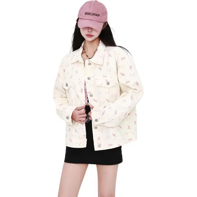 柏黛妃 秋季甜美风小熊印花韩版复古宽松休闲夹克牛仔外套 女款