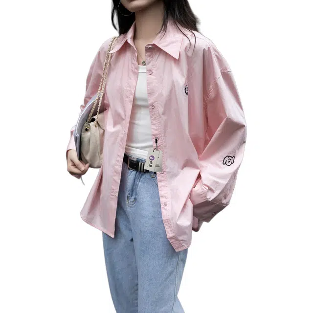 识恩 粉色刺绣外套女春秋秋季设计感小众长袖衬衣法式别致早秋上衣设计感小众长袖纯色常规通勤风衬衫 女款