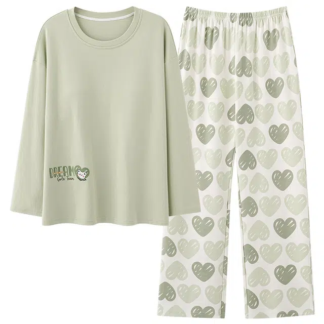 俏霓桐 春秋款简约清新纯棉亲肤甜美爱心休闲带胸垫长袖长裤家居服可外穿睡衣套装 女款