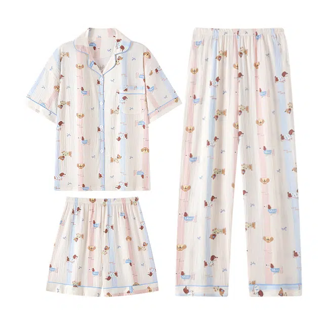 宫蝶 云朵棉短袖家居服三件套卡通甜美风宽松休闲可外穿睡衣套装 女款