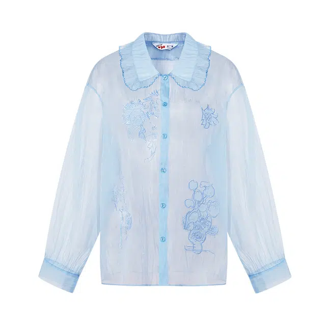 两三事 梵高文艺浮蓝絮光小清新绣花透视网纱长袖衬衫 女款