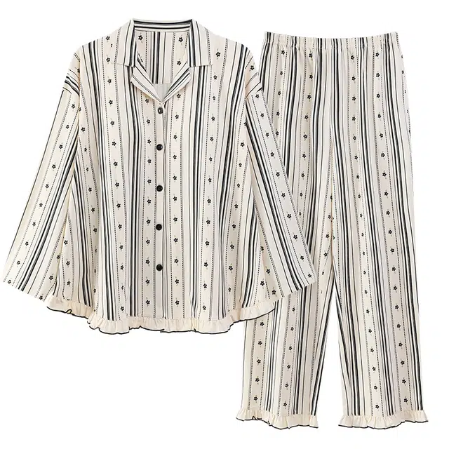 睦隆世家 舒适条纹亲肤简约透气抑菌纯棉睡衣套装 女款