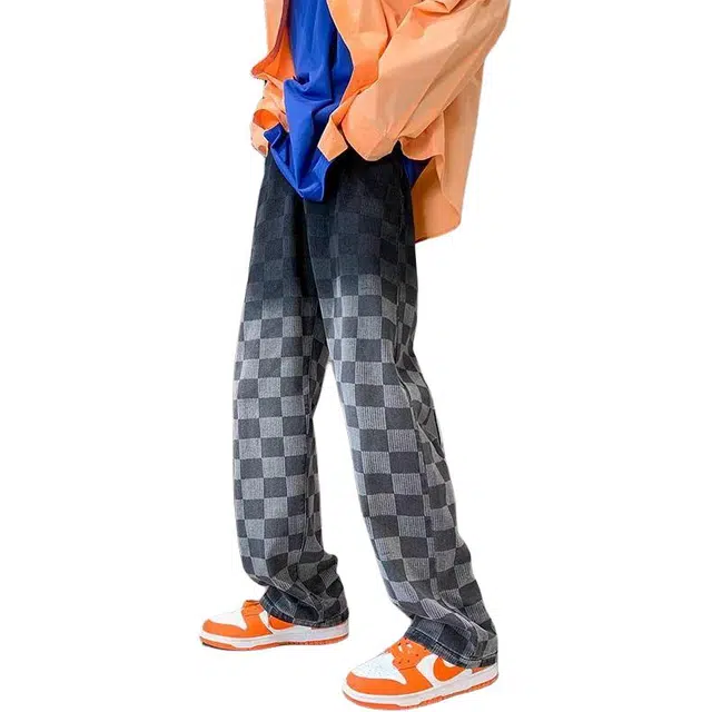 大格子与黑猫 棋盘格春季韩版潮牌阔腿裤潮流高街休闲拖地裤牛仔裤 男款