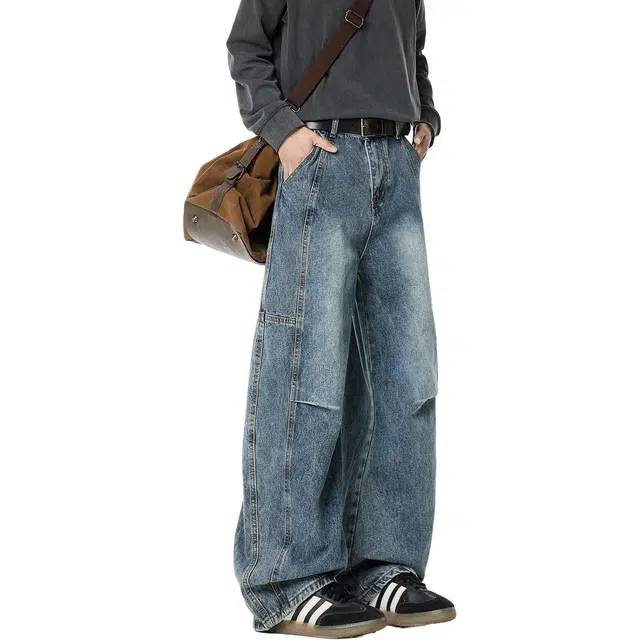 大格子与黑猫 裤子潮流打褶解构春秋款宽松直筒弯刀阔腿高街美式帅气牛仔裤 男款