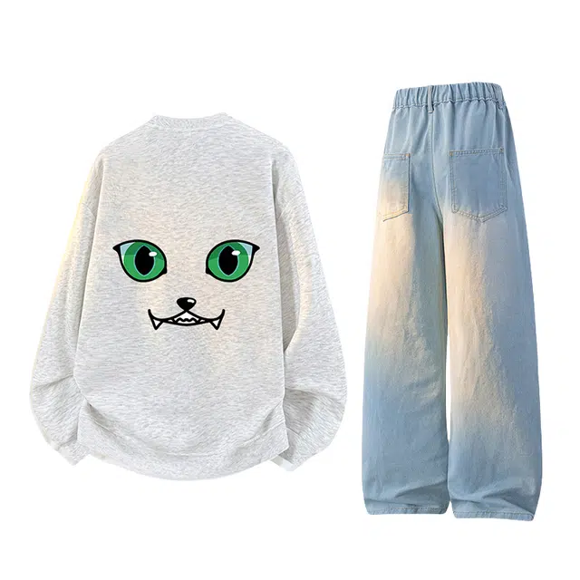 一碗士多 美式复古趣味猫咪个性小众高级感单一设计不撞衫舒适宽松户外通勤日常出片百搭圆领落肩卫衣中腰纯色牛仔裤休闲运动套装 男女同款