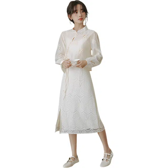 荟萃阁 新中式刺绣国风立领连衣裙女两件套改良旗袍少女两件裙裙装套装 女款