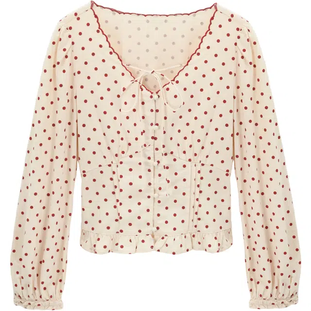 谜秀 杏底红波点小衫长袖法式衬衫 女款
