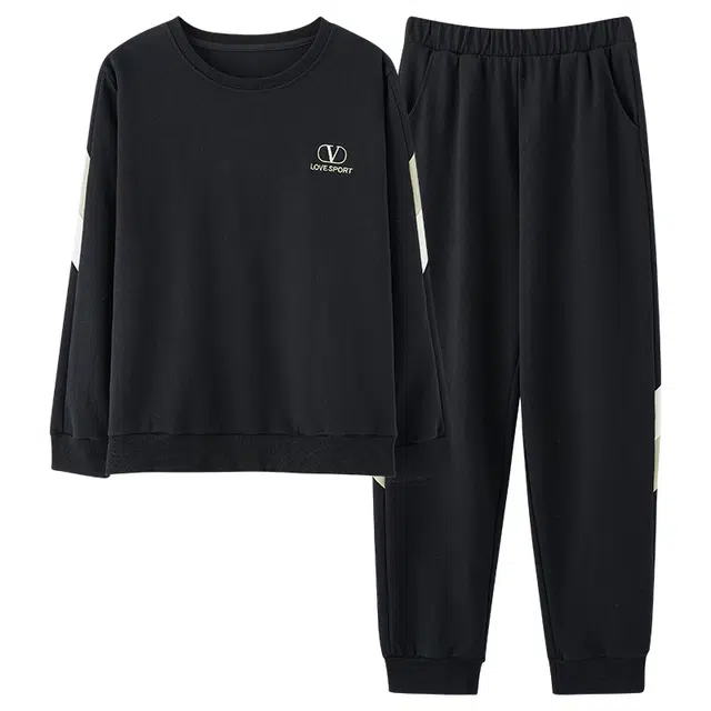 俏霓桐 春秋款时尚拼色纯棉亲肤简约运动休闲舒适带胸垫长袖长裤家居服可外穿睡衣套装 女款