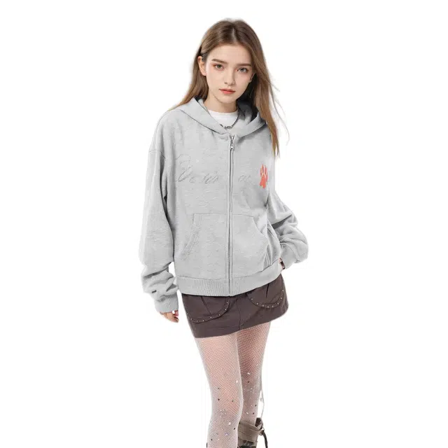 柏黛妃 美式连帽卫衣外套设计感小个子复古拉链开衫短款上衣 女款