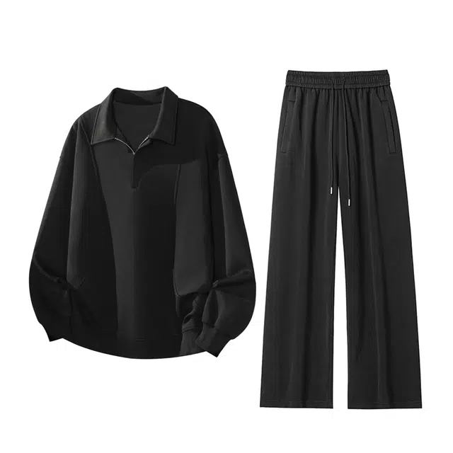 素杭 美式高街纯色解构翻领卫衣外套松紧腰直筒卫裤两件宽松大码帅气穿搭一整套搭配休闲运动套装 男女同款