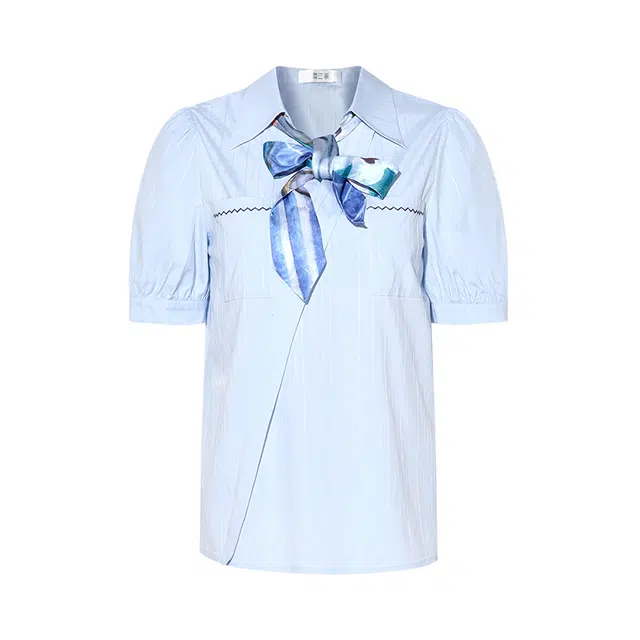 两三事 人间浅梦 复古印花宽松舒适领带口袋翻领衬衫 女款