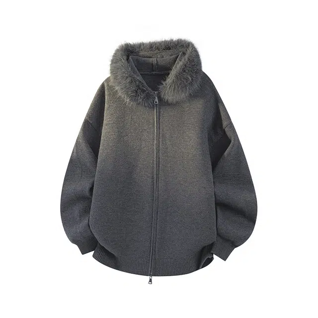 艾梵斯贝 美式复古潮流简约连帽针织衫毛领氛围感无性别日常通勤百搭宽松休闲时尚法式慵懒风高级感学院风开衫卫衣 男女同款