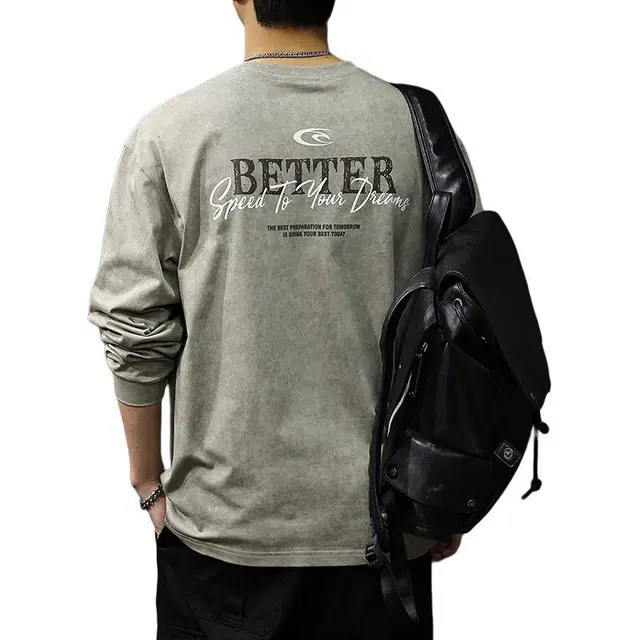 前进牛 秋季美式休闲经典复古潮牌字母印花长袖美式复古水洗宽松圆领纯棉打底衫卫衣 男女同款