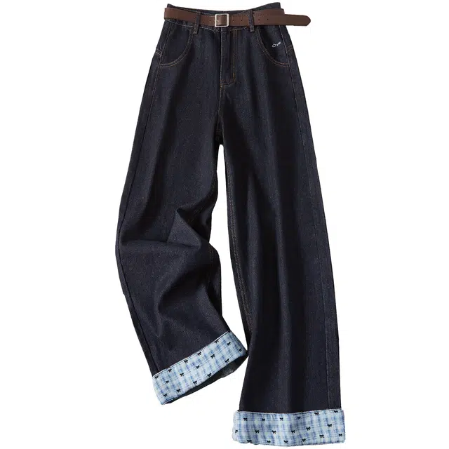 她池 撞色格纹拼接设计感高腰复古风水洗阔腿牛仔裤 女款