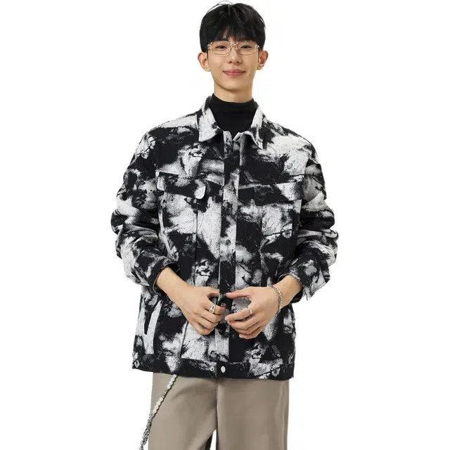 太子龍 春秋扎染雾霾小香风美式街头潮牌满印设计感高级宽松休闲百搭上衣服夹克外套 男款