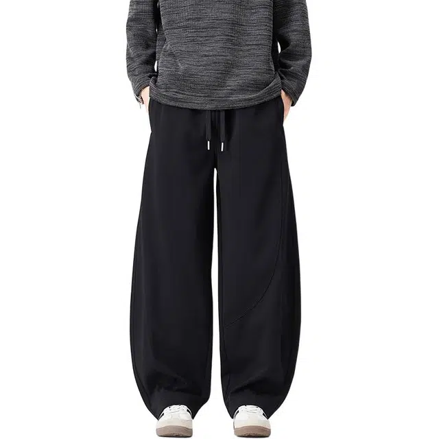 协协乐 大弯刀针织卫裤美式复古秋冬季潮牌宽松直筒阔腿拖地裤青少年痞帅拼接设计感抽绳长裤休闲裤 男款