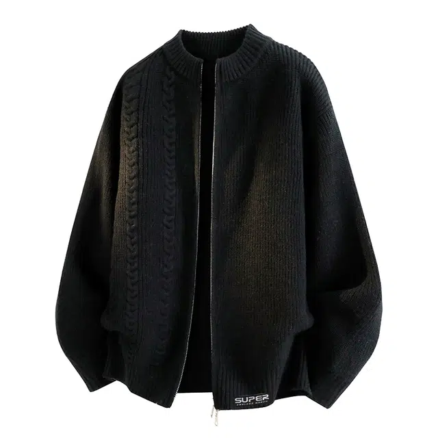 中国航天 美式复古麻花纹理织唛标纯色基础款宽松休闲慵懒感圆领双拉链开衫毛衣外套简约潮流百搭学院风长袖针织衫 男女同款