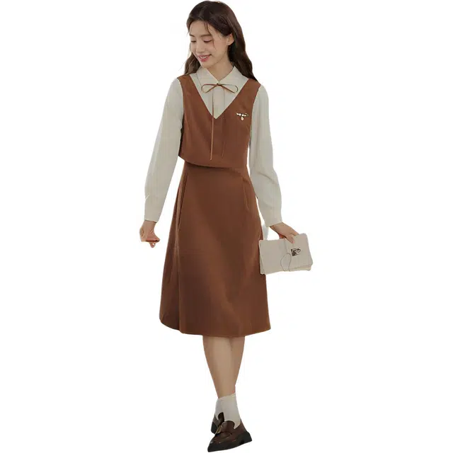 荟萃阁 初秋假两件女秋冬季美拉德裙子内搭学生长袖连衣裙 女款