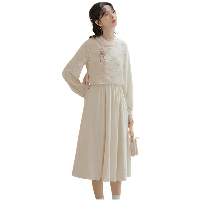 荟萃阁 秋季加厚蕾丝连衣裙新中式衬衣网纱吊带裙汉元素两件套汉服裙装套装 女款