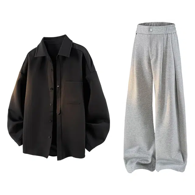哲源 美式复古简约翻领纽扣春秋基础款外套搭配港风纯色褶皱设计感直筒长裤宽松大码显高显瘦弯刀阔腿裤休闲运动套装 男女同款