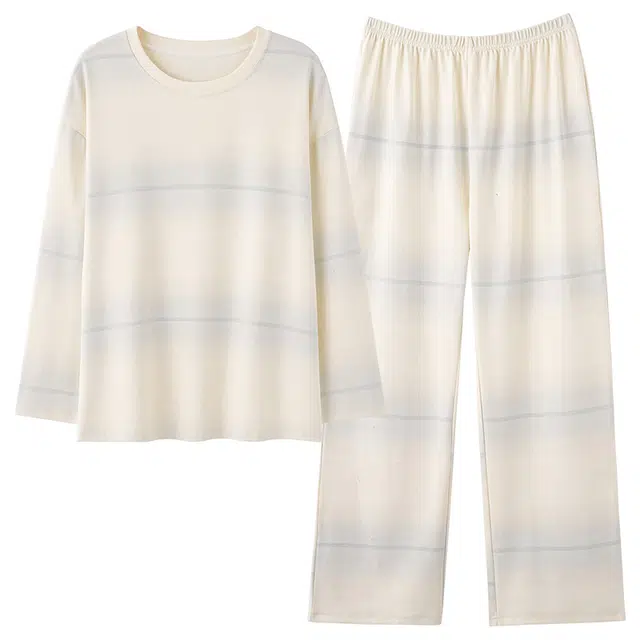 俏霓桐 春秋款时尚渐变色亲肤纯棉简约条纹甜美休闲带胸垫长袖长裤家居服可外穿睡衣套装 女款