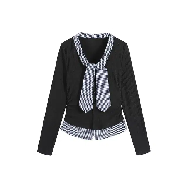 木清清 修身韩系撞色格子拼接假两件气质短款长袖针织衫 女款