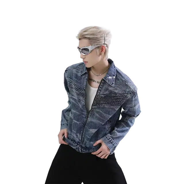 一碗士多 翻领水洗扎染做旧磨白美式复古百搭条纹喷漆机车风痞帅嘻哈高街宽松设计感高级感外套夹克 男女同款