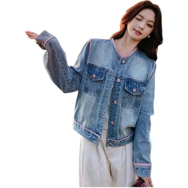 邓大喵 描边女春秋短款小个子高级感独特设计感流行牛仔外套 女款