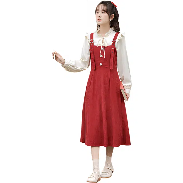 荟萃阁 温柔甜美背带裙显瘦长袖上衣裙装套装 女款