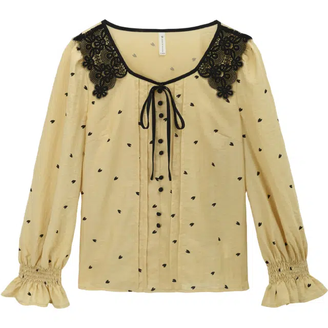 谜秀 黄色爱心印花镂空领长袖法式衬衫 女款