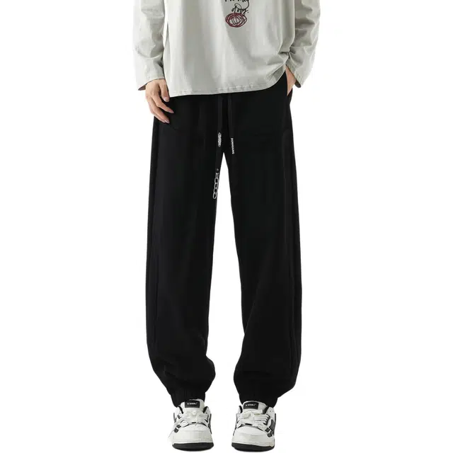 敦煌博物馆 美式复古纯色简约基础立体剪裁显高显瘦宽松直筒束脚长裤松紧腰绳舒适百搭户外运动休闲通勤工装裤 男女同款