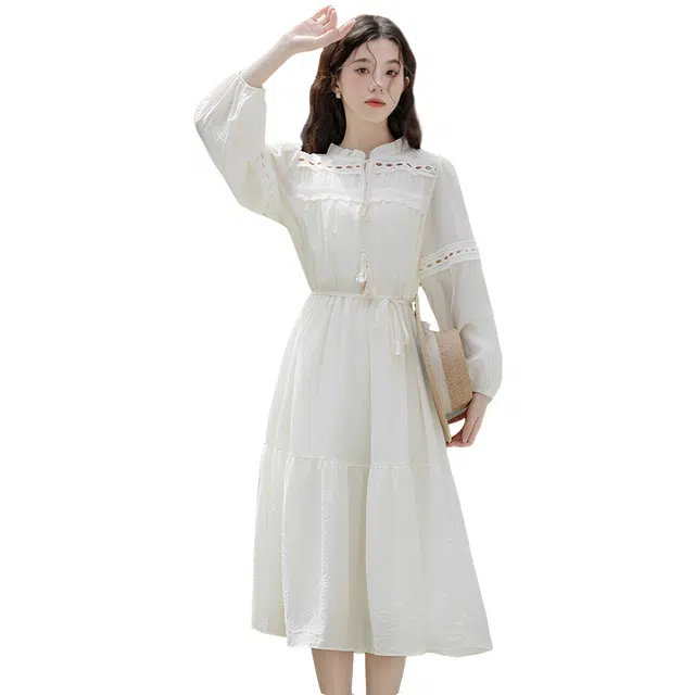 荟萃阁 法式简约优雅气质收腰波西米亚长袖连衣裙 女款