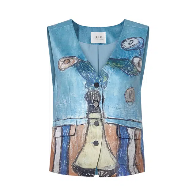 两三事 山河野忘 复古文艺风抽象印花宽松个性外套马甲 女款