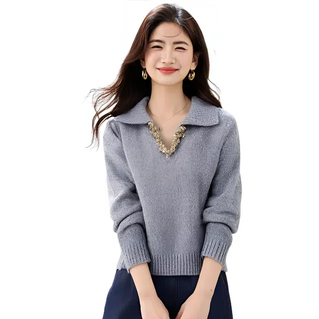 荟萃阁 优雅时尚休闲百搭翻领高级感针织衫 女款