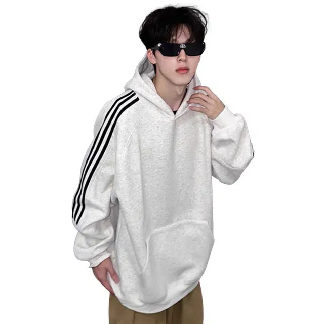 北欧攻略 美式复古学院风条纹拼接撞色套头连帽衫外套痞帅松弛感慵懒风宽松外穿内搭长袖卫衣 男女同款