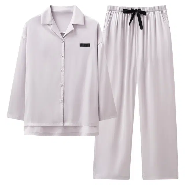 宫蝶 简约长袖柔软冰丝家居服宽松休闲可外穿开衫睡衣套装 男女同款