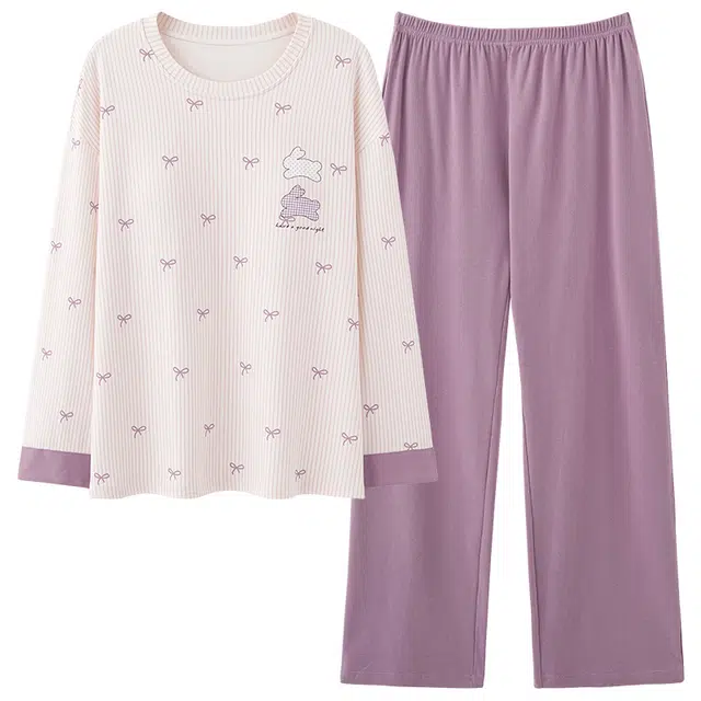 俏霓桐 春秋款可爱小兔亲肤纯棉甜美拼色休闲宽松带胸垫长袖长裤家居服可外穿睡衣套装 女款