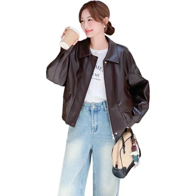 稻草人 美式复古个性时尚休闲翻领夹克皮衣外套 女款