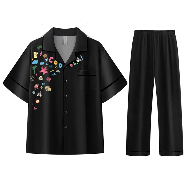 俏霓桐 卡通大学生冰丝短袖长裤凉感薄款休闲亲肤舒适居家可外穿运动开衫轻奢家居服睡衣套装 男款 星空黑