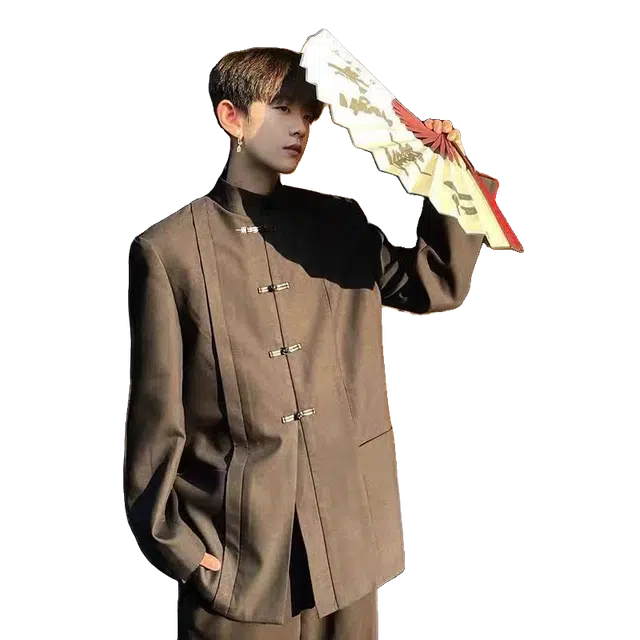 一碗士多 中国风盘扣纯色新中式中山装立领唐装垫肩民国学生高级感休闲复古风设计感出片清冷风西装 男女同款