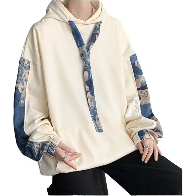 袋鼠 美式复古高街宽松百搭小熊拼接连帽长袖卫衣 男女同款