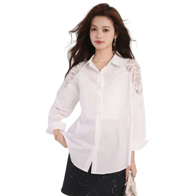 荟萃阁 百搭时尚蕾丝设计感宽松休闲衬衫 女款